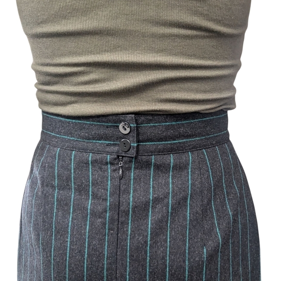 Vintage Escada Charcoal Grey Cashmere Wool Skirt Teal Pinstripe Size 36 - Picture 14 of 16